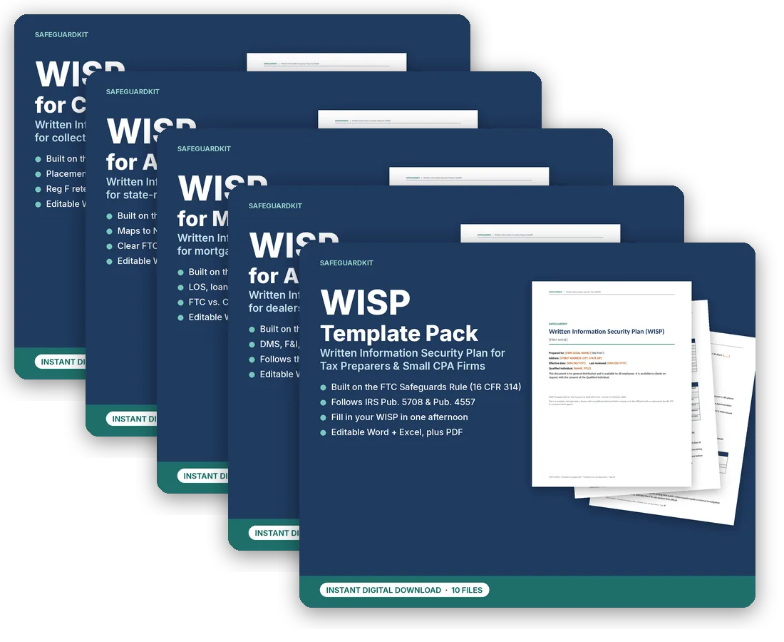 Covers of the five SafeguardKit WISP template packs: tax preparers, auto dealers, mortgage brokers, financial advisors, and collection agencies