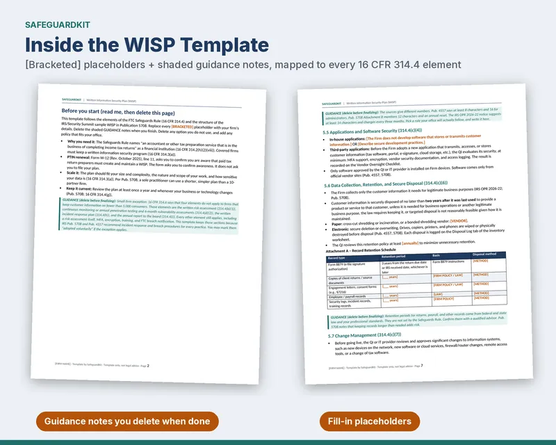 Sample WISP pages showing bracketed placeholders and shaded guidance notes